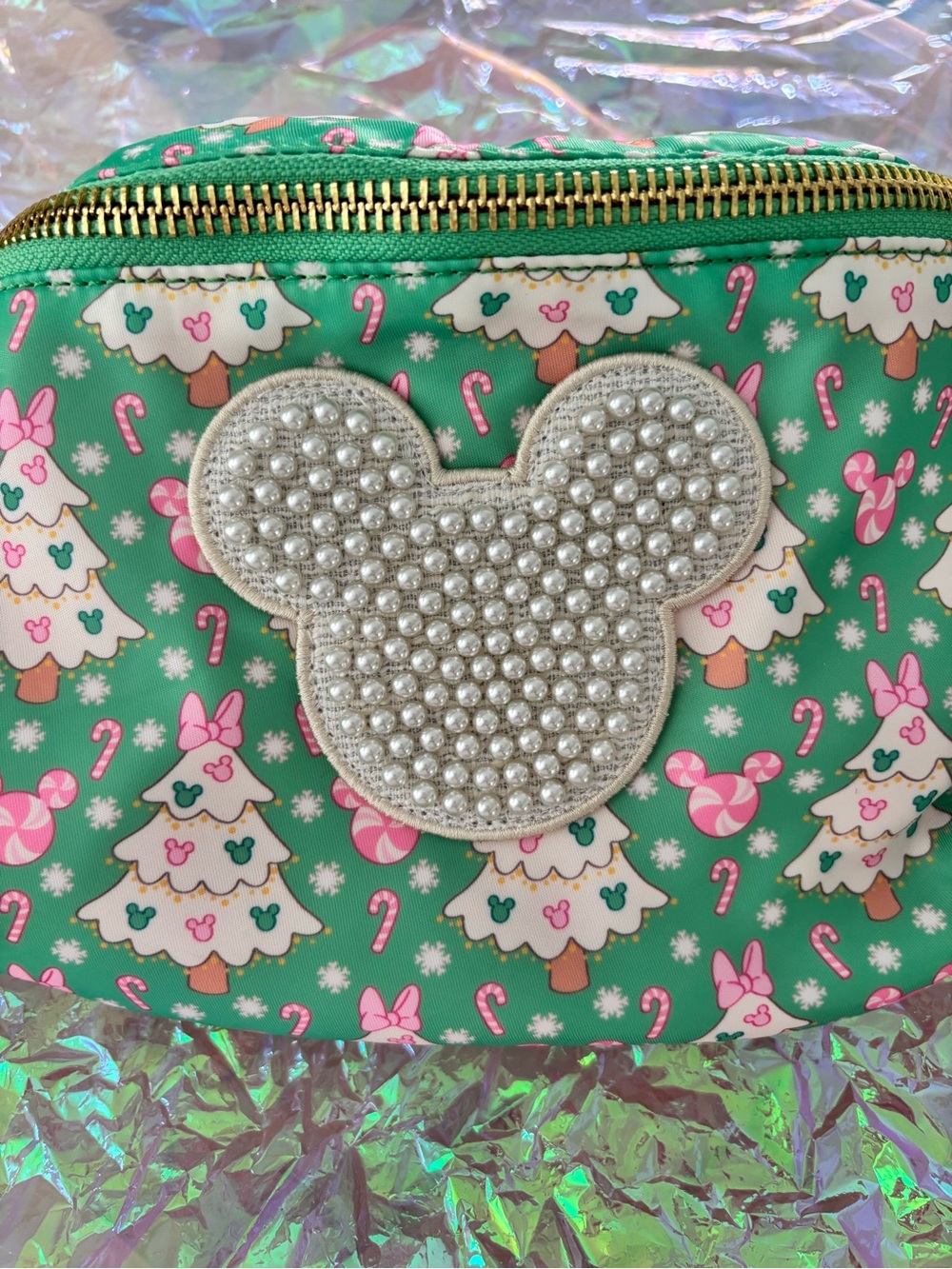 Stoney Clover Lane Green Pearl Mickey Cosmetic Pouch with Pink Accents
